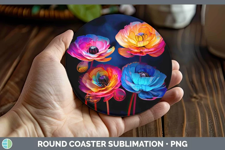 Neon Flowers Ranunculus Round Coaster Sublimation Coaster De