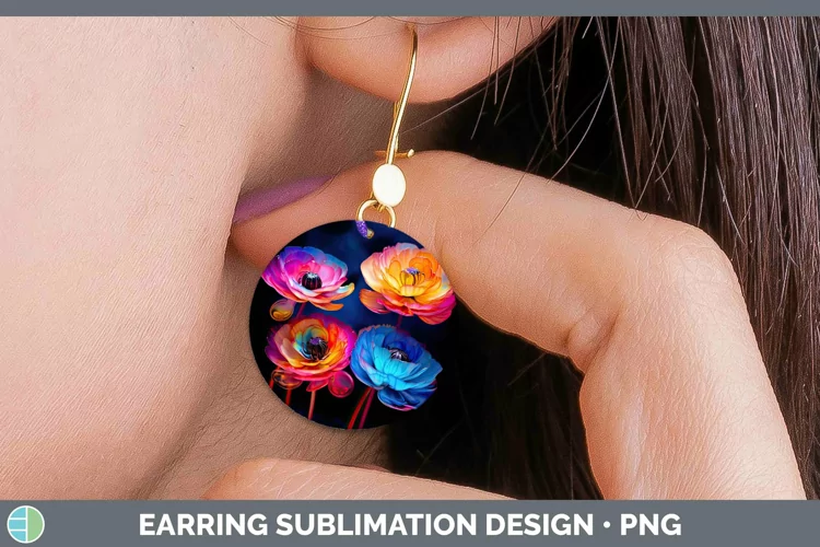 Neon Flowers Ranunculus Round Earrings Sublimation Earrings