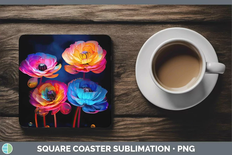 Neon Flowers Ranunculus Square Coaster Sublimation Coaster D