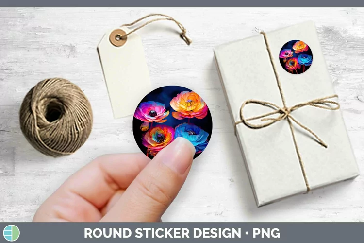 Neon Flowers Ranunculus Stickers | Round Labels Designs