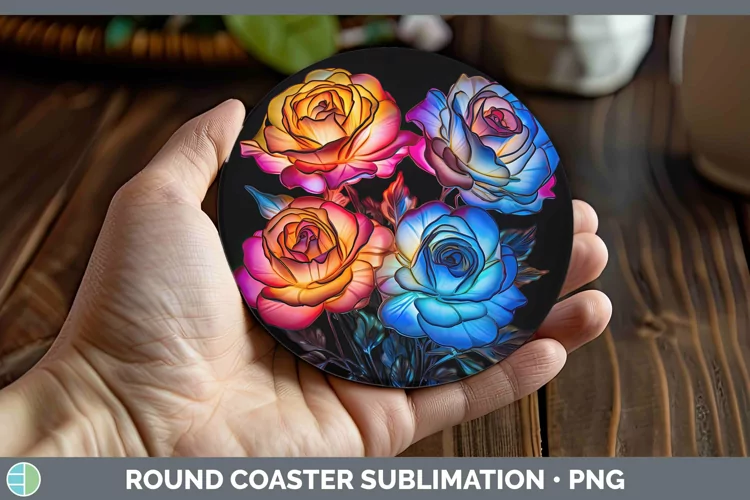Neon Flowers Rose Round Coaster Sublimation Coaster Designs
