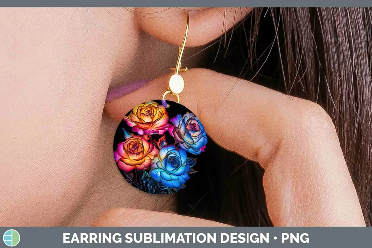 Neon Flowers Rose Round Earrings Sublimation Earrings Design