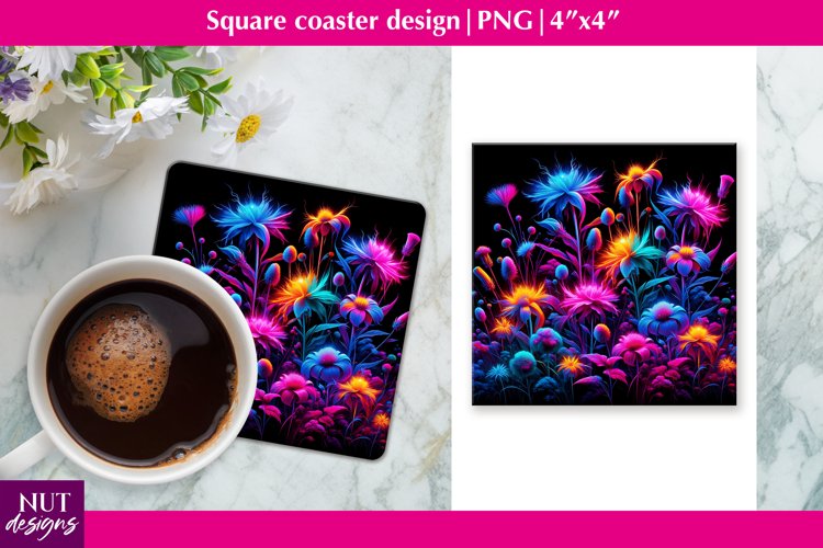 Neon flowers coaster sublimation Wildflowers square coaster