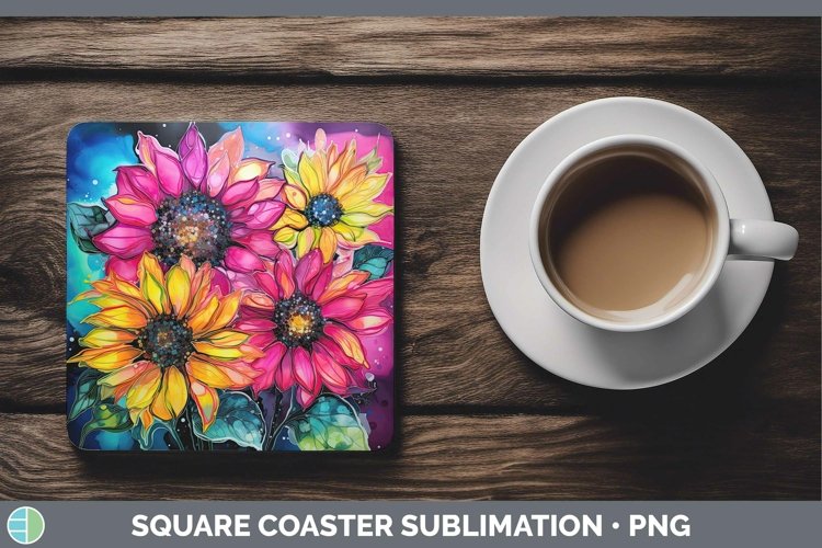 Neon Flowers Sunflower Square Coaster Sublimation Coaster De