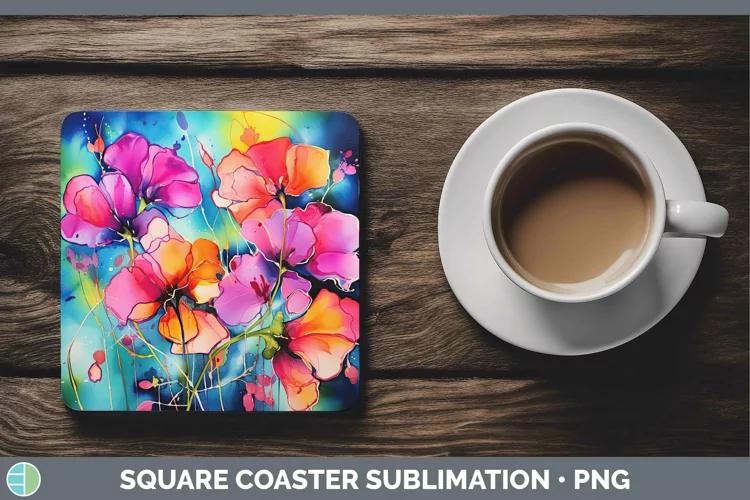 Neon Flowers Sweet Pea Square Coaster Sublimation Coaster De
