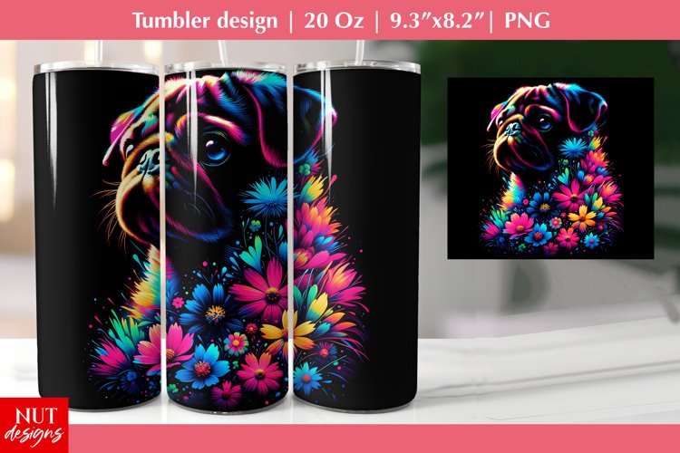 Floral dog tumbler Sublimation Pug   flowers tumbler design
