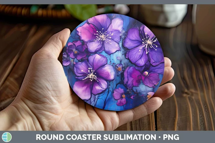 Neon Flowers Violet Round Coaster Sublimation Coaster Design