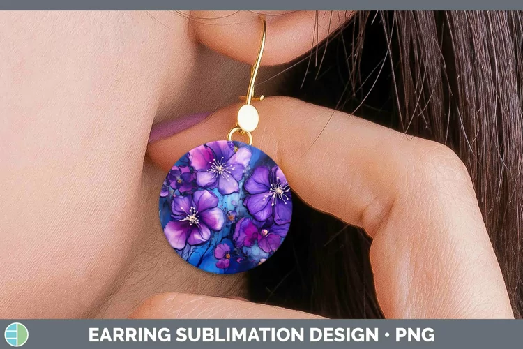 Neon Flowers Violet Round Earrings Sublimation Earrings Desi