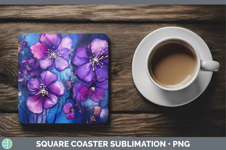 Neon Flowers Violet Square Coaster Sublimation Coaster Desig