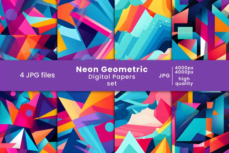 neon geometric digital papers and abstract colorful patterns
