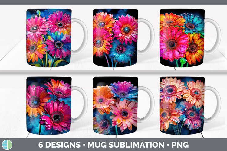 Neon Gerbera Daisy Flowers Mug Wrap | Bundle Coffee Cup Desi