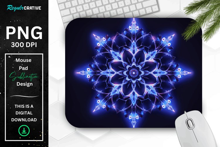 Neon Glowing Indigo Snowflake Mouse Pad example image 1