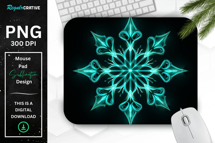 Neon Glowing Teal Snowflake Mouse Pad example image 1