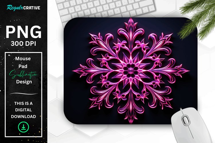 Neon Glowing Magenta Snowflake Mouse Pad