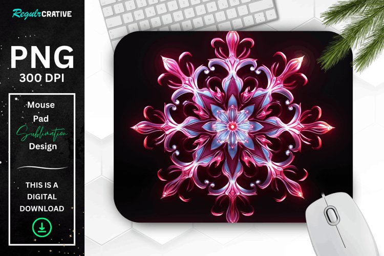 Neon Glowing Maroon Snowflake Mouse Pad