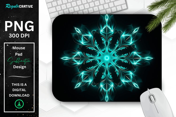 Neon Glowing Teal Snowflake Mouse Pad