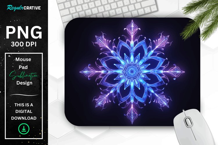 Neon Glowing Indigo Snowflake Mouse Pad example image 1