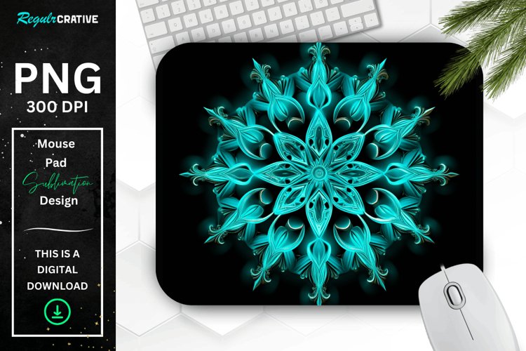 Neon Glowing Teal Snowflake Mouse Pad example image 1