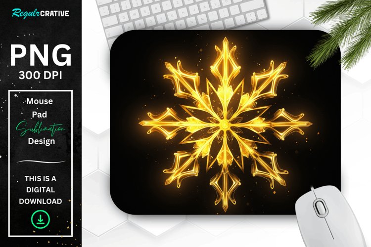 Neon Glowing Yellow Snowflake Mouse Pad example image 1