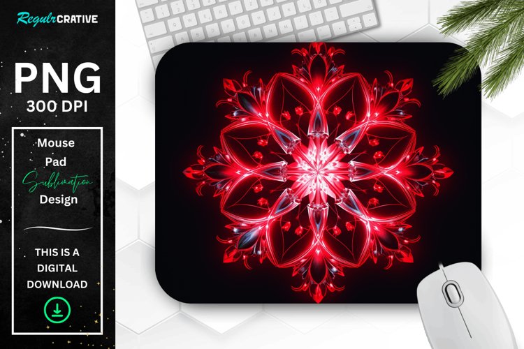 Neon Glowing Red Snowflake Mouse Pad