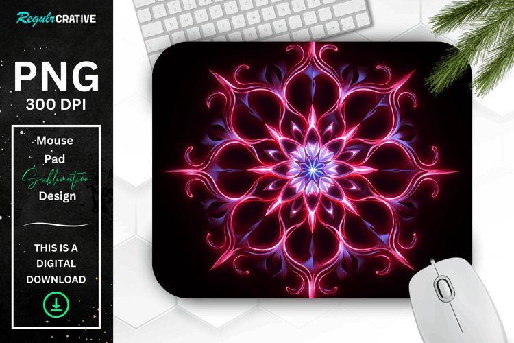 Neon Glowing Maroon Snowflake Mouse Pad