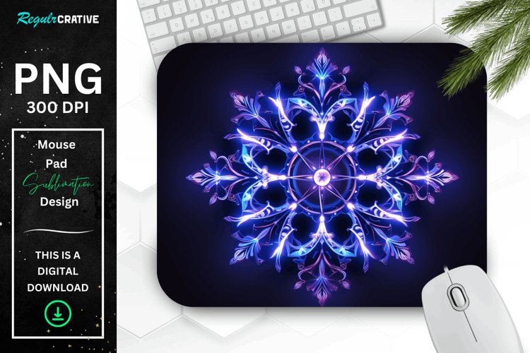 Neon Glowing Indigo Snowflake Mouse Pad