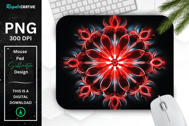 Neon Glowing Red Snowflake Mouse Pad example image 1