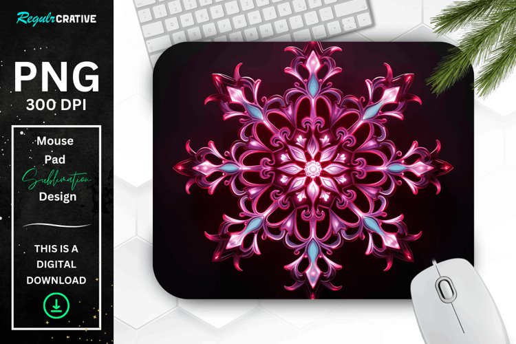 Neon Glowing Maroon Snowflake Mouse Pad