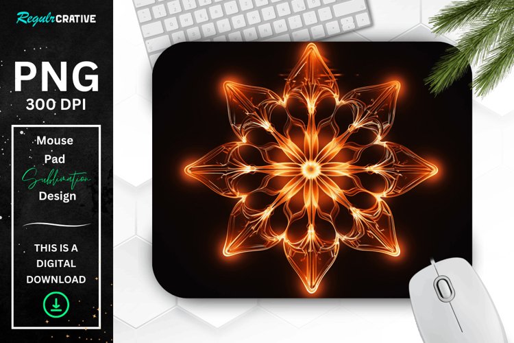 Neon Glowing Orange Snowflake Mouse Pad example image 1