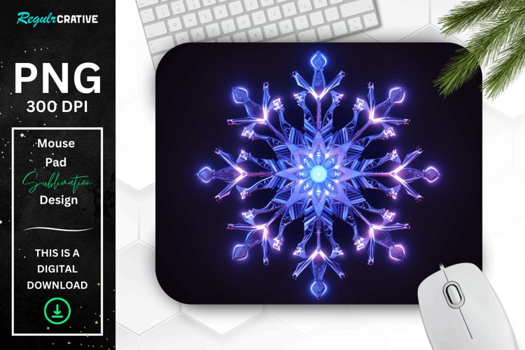 Neon Glowing Indigo Snowflake Mouse Pad example image 1
