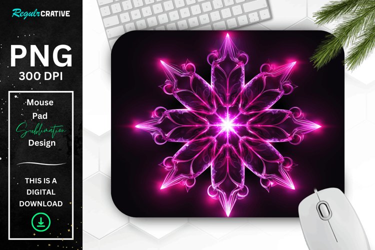 Neon Glowing Magenta Snowflake Mouse Pad example image 1