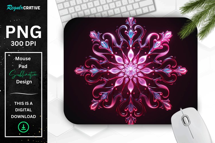 Neon Glowing Maroon Snowflake Mouse Pad example image 1