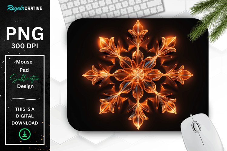 Neon Glowing Orange Snowflake Mouse Pad