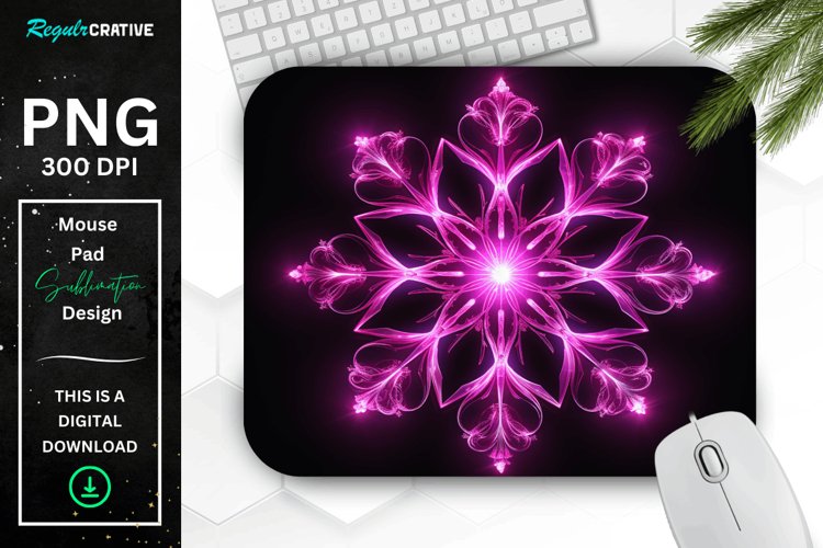 Neon Glowing Magenta Snowflake Mouse Pad