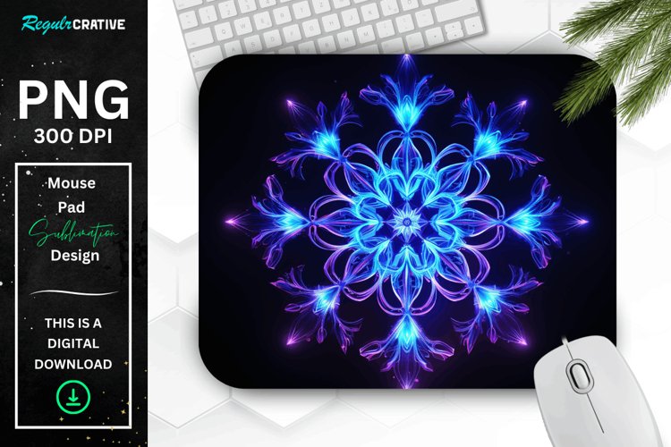 Neon Glowing Indigo Snowflake Mouse Pad