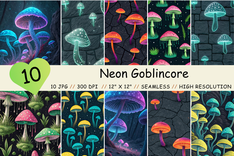 Neon Goblincore Seamless Pattern, Digital Paper