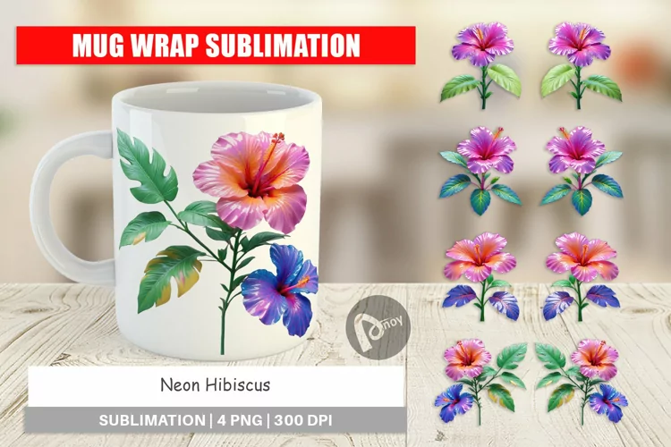 Mug Wrap Design Neon Hibiscus