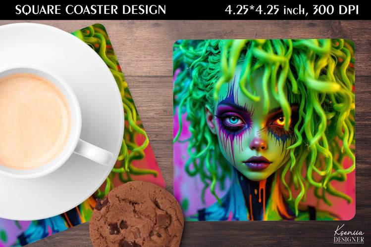 Neon Iridescent Witch | Halloween Square Coaster Design