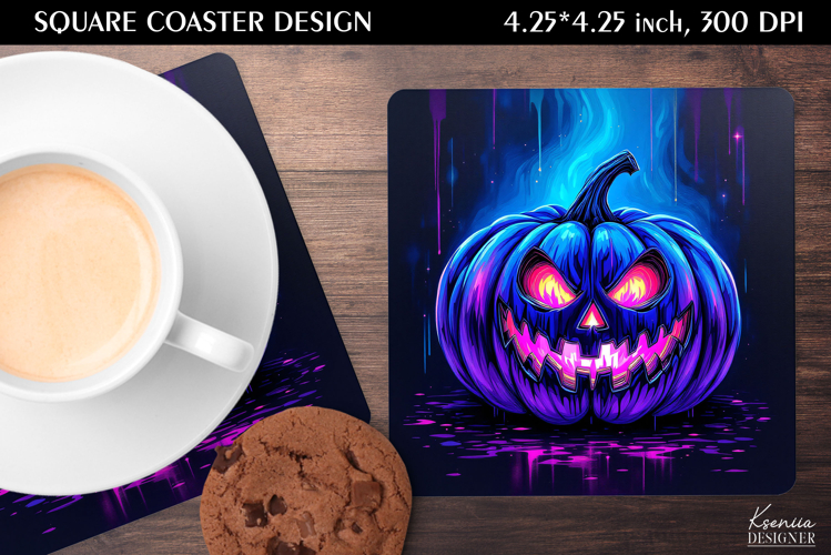 Spooky Pumpkin| Neon Iridescent Halloween Square Coaster