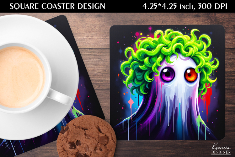 Neon Iridescent Ghost | Halloween Square Coaster Design