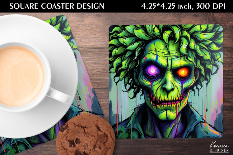 Neon Iridescent Zombie| Halloween Square Coaster Design