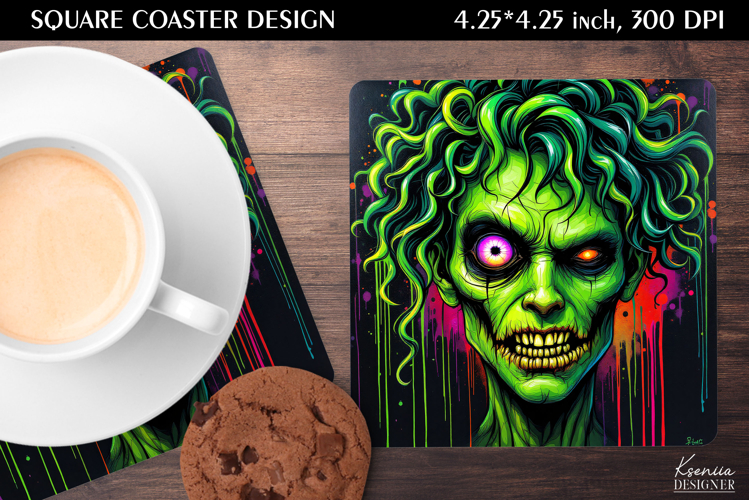Neon Iridescent Zombie| Halloween Square Coaster Design