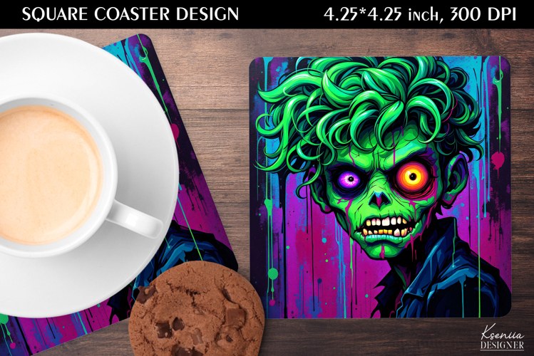 Neon Iridescent Zombie| Halloween Square Coaster Design