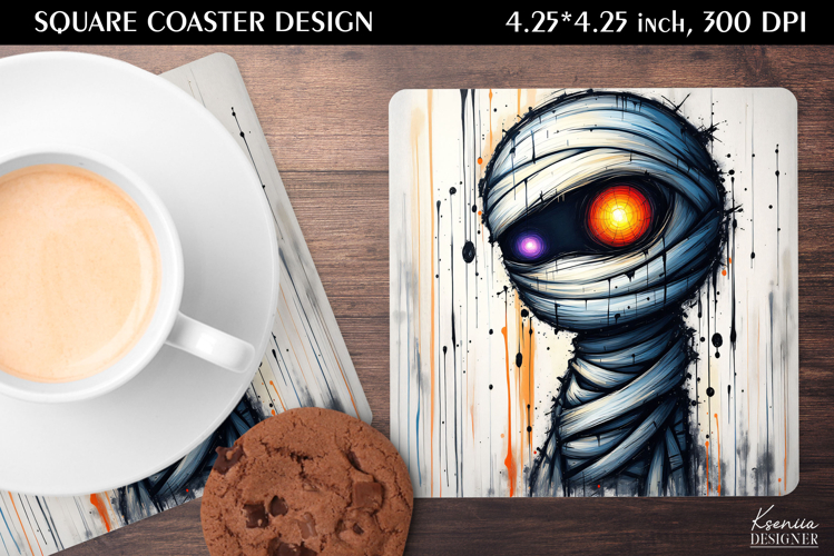 Funny Mummy| Neon Iridescent Halloween Square Coaster Design