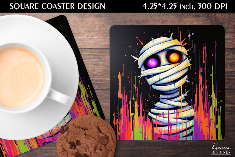 Funny Mummy| Neon Iridescent Halloween Square Coaster Design