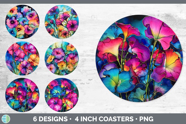 Neon Morning Glory Flowers Round Coaster | Bundle Coaster De