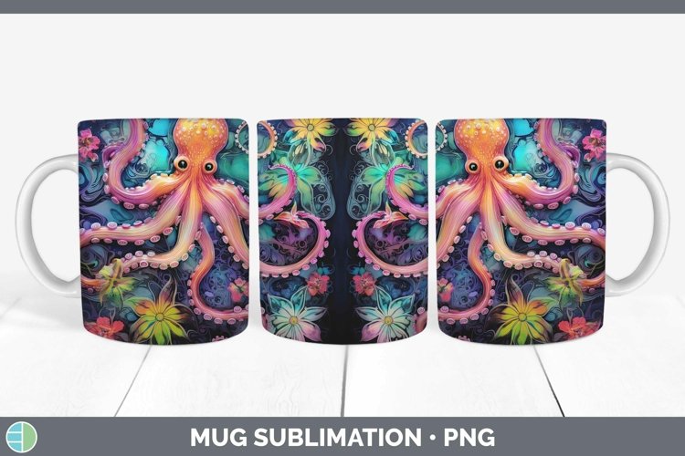 Neon Octopus Mug Wrap Sublimation Coffee Cup Designs
