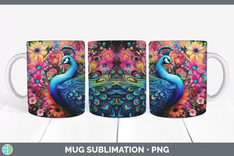 Neon Peacock Mug Wrap Sublimation Coffee Cup Designs