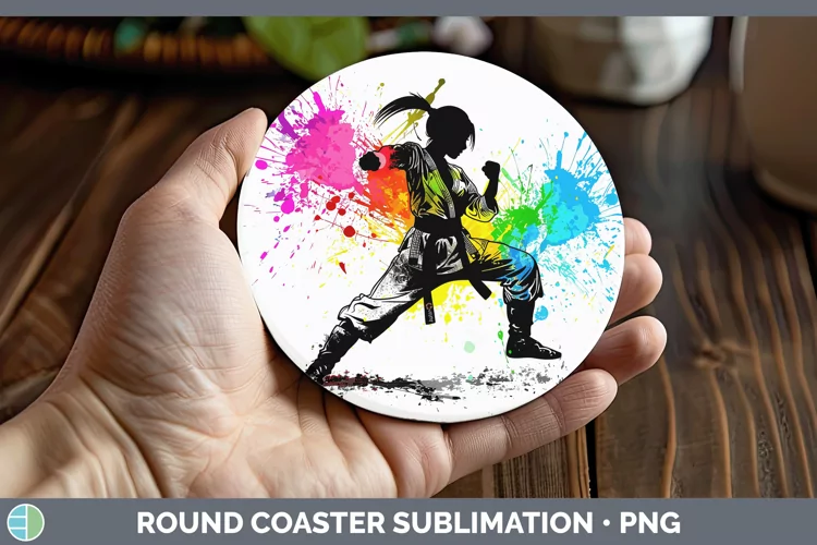 Neon Rainbow Female Martial Artist Round Coaster Sublimation