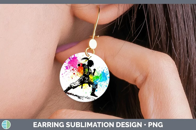 Neon Rainbow Female Martial Artist Round Earrings Sublimatio